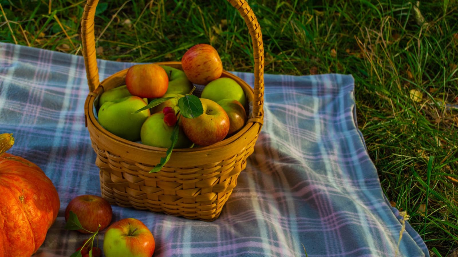 A wicker basket of red and green apples on a tartan blanket beside a pumpkin