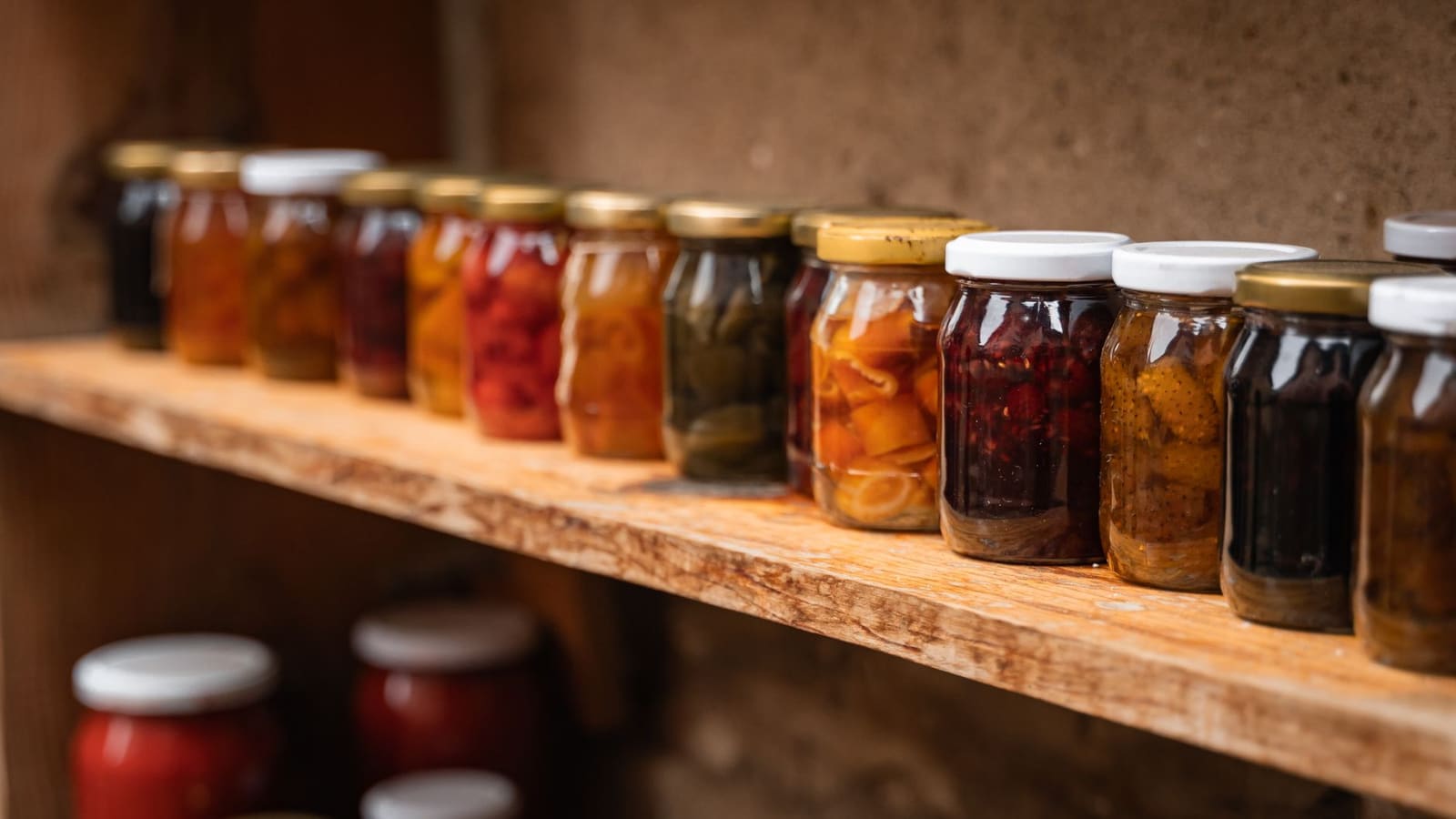 A row of homemade jams, preserves and pickles in glass jars on a rustic wooden shelf
