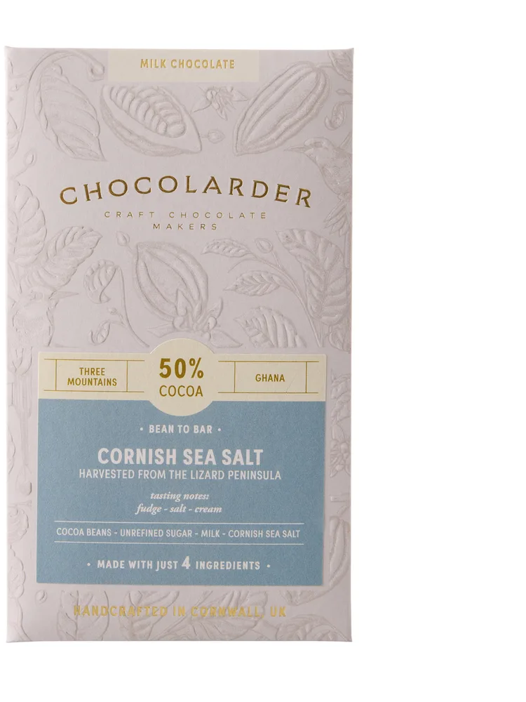 A Chocolarder Cornish Sea Salt milk chocolate bar in its printed wrapper