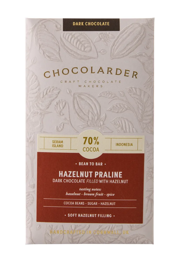 A Chocolarder Hazelnut Praline filled dark chocolate bar