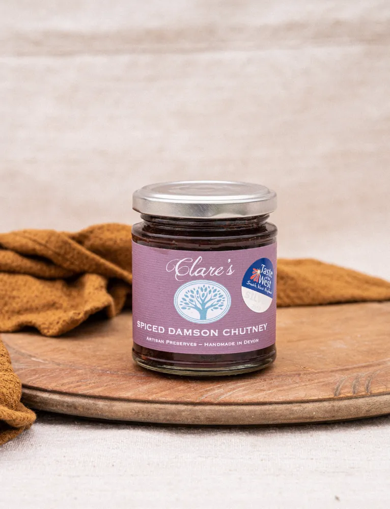 A jar of Clare's Preserves spiced damson chutney
