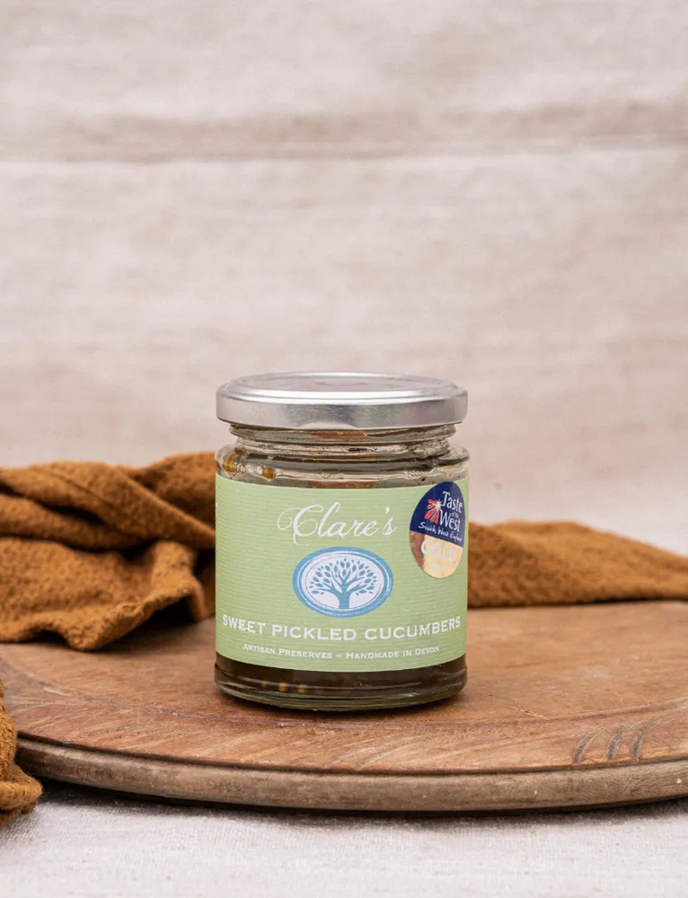 A jar of Clare's Preserves sweet pickled cucumbers