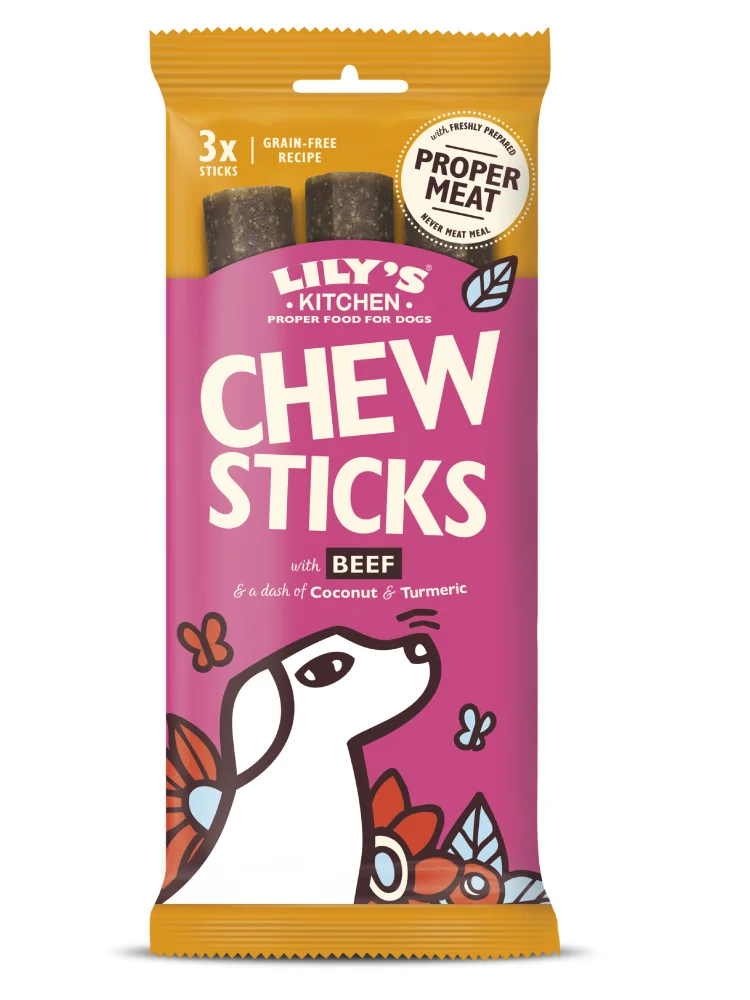 A pack of Lily's Kitchen chew sticks with beef for dogs