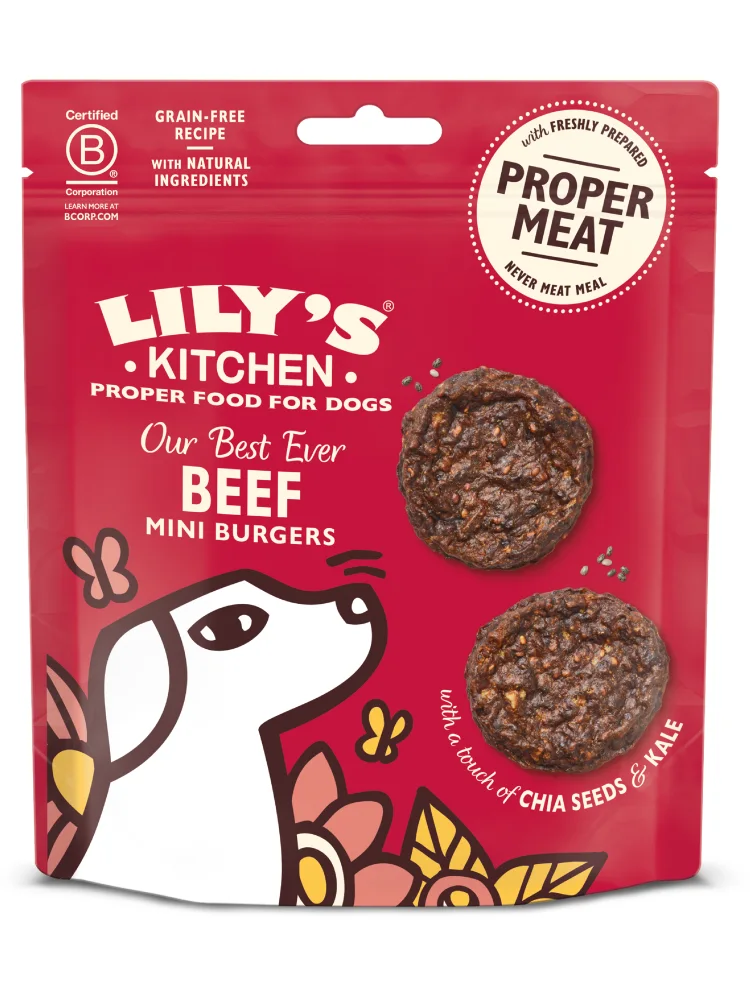 A pack of Lily's Kitchen beef mini burger dog treats