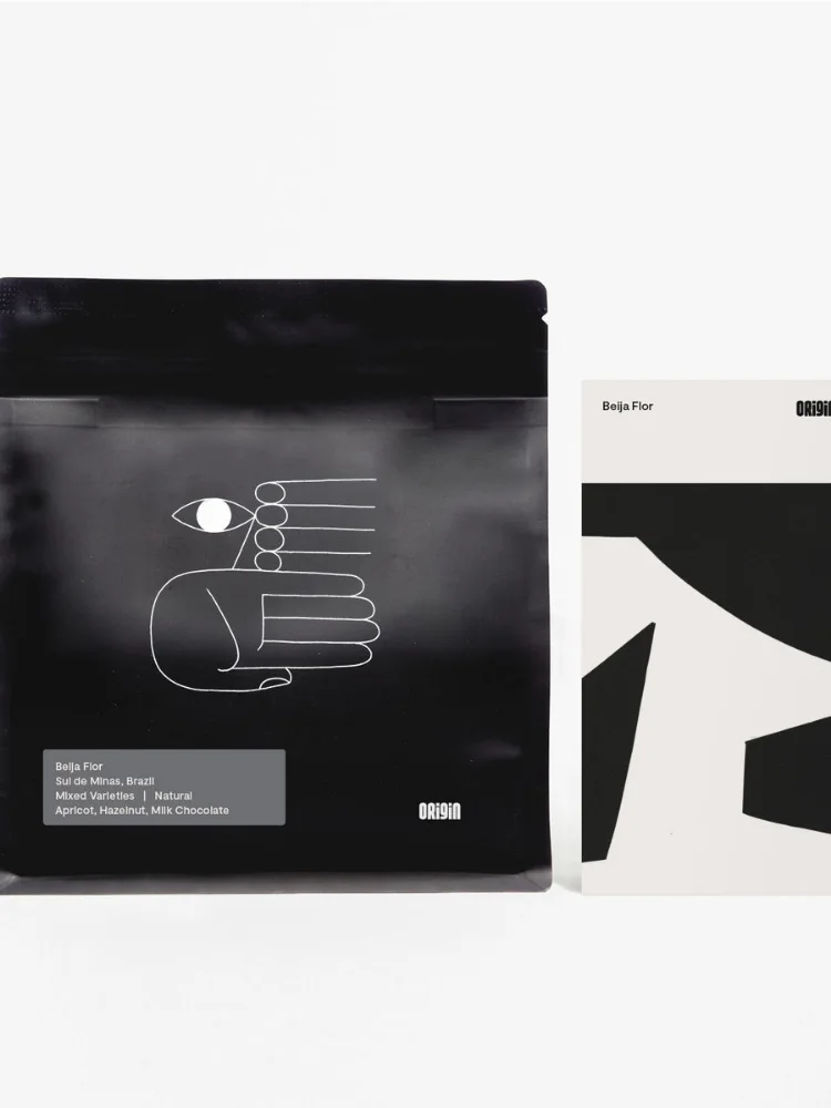 A bag of Origin Beija Flor coffee beans