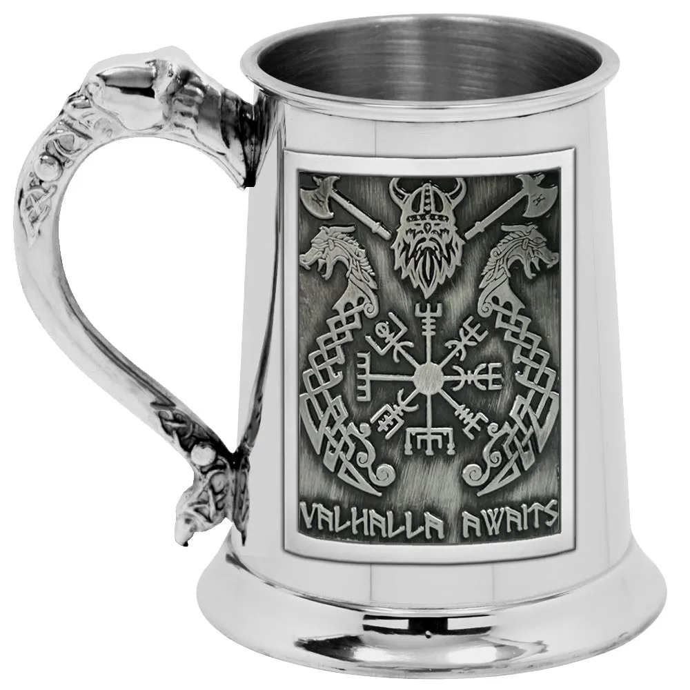 A one pint pewter tankard with a Viking design