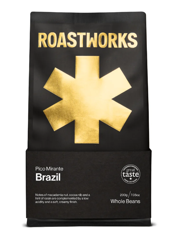 A bag of Roastworks Brazil coffee beans
