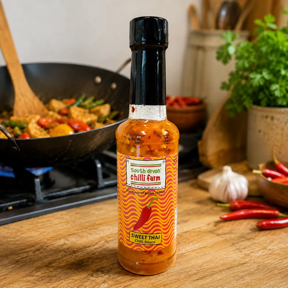 A bottle of South Devon Chilli Farm sweet Thai chilli sauce